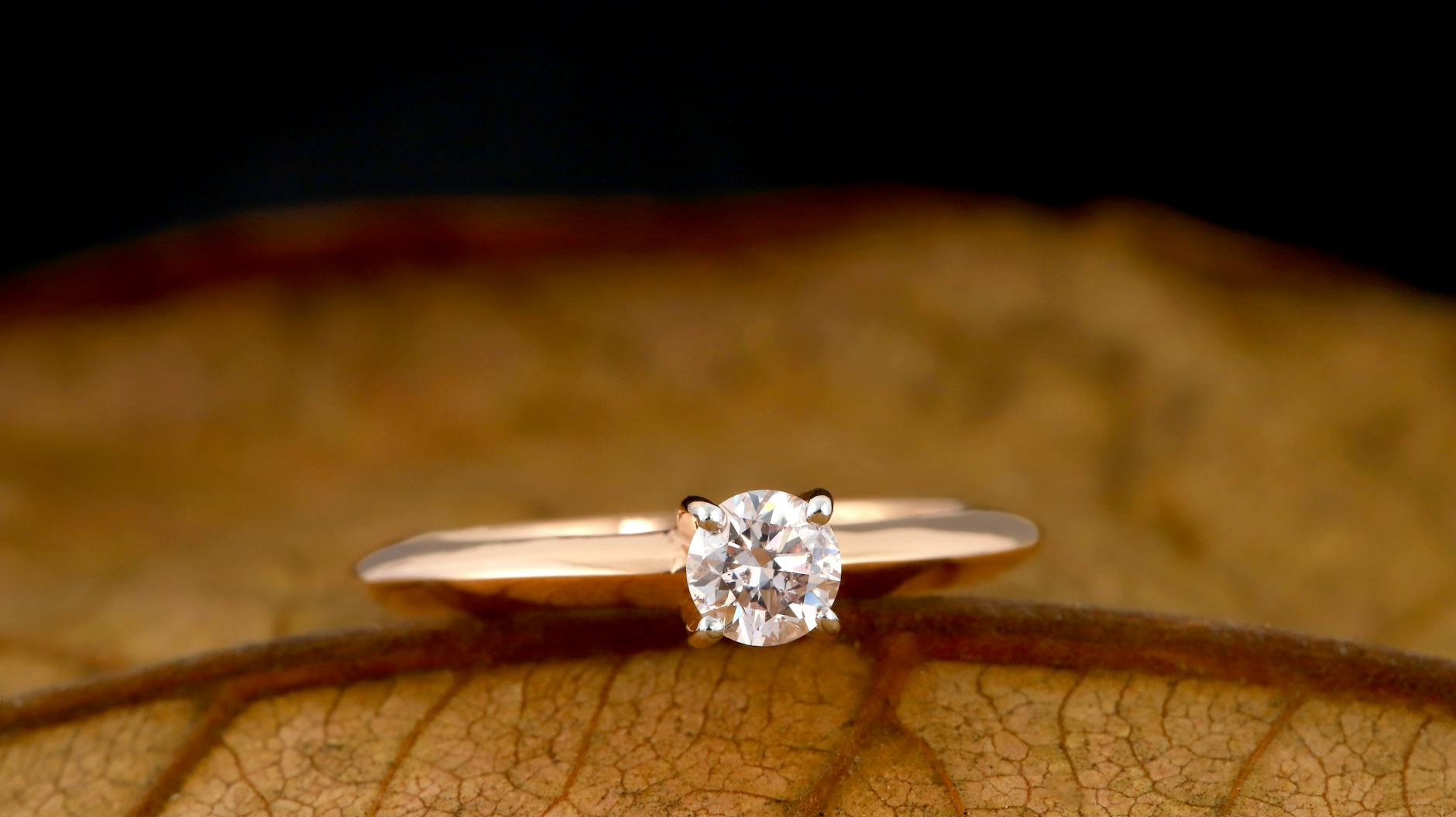 Pierścionek z diamentem leżący na suchej jesiennej liściastej powierzchni